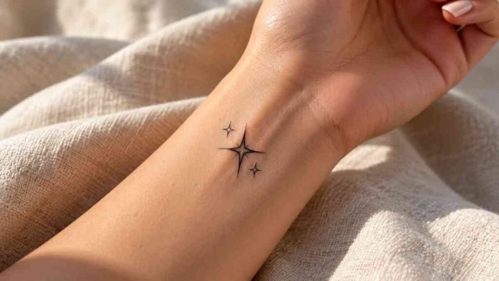 Fine-line four-point star tattoo with two smaller sparkle stars on an inner wrist