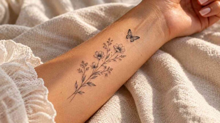Fine-line wildflower and butterfly tattoo on a woman's forearm