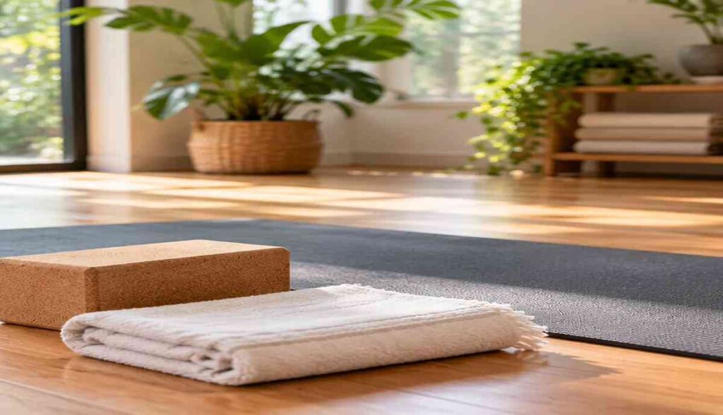 Yoga mat, cork block, and folded towel arranged for a beginner yoga practice