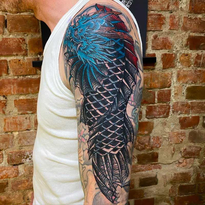 Japanese dragon Sleeve and chest panel tattoo by Boston Rogoz TattooNOW