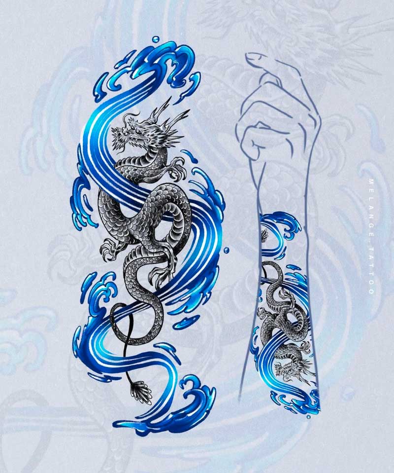 Water Dragon Sleeve Outline Guru Tattoo San Diego  rirezumi