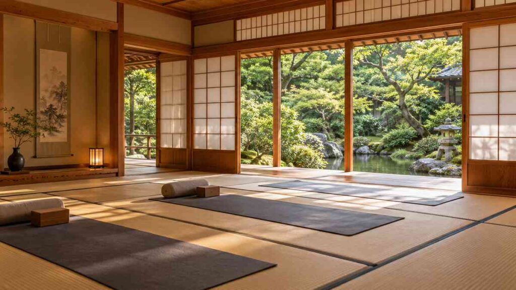 Yoga mats and meditation cushions arranged in a traditional Japanese tatami room overlooking a garden