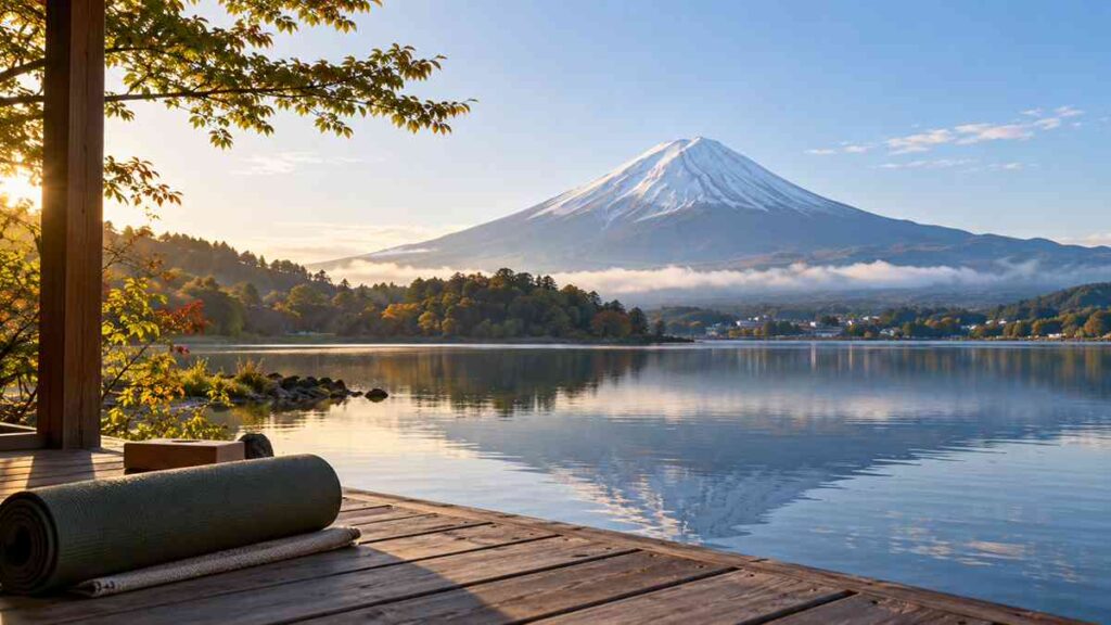 Yoga mat on a lakeside wooden deck overlooking Mount Fuji in Japan