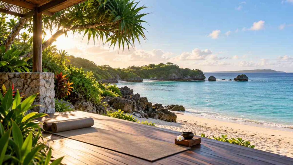 Yoga mats on a wooden terrace overlooking a tropical beach and turquoise ocean in Okinawa