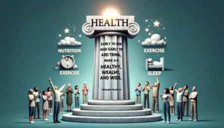 Group of people standing around a pillar with text about health, nutrition, exercise, and sleep