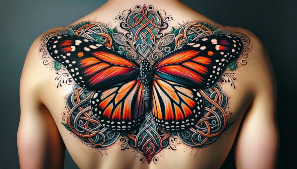 Colorful butterfly tattoo on woman's back, with intricate linework and vibrant colors.
