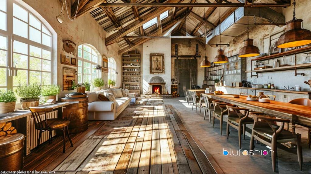 Spacious rustic interior with farmhouse stained concrete floors, wooden beams, and vintage furnishings.