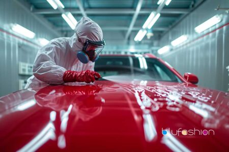 Diamond Clear Paint Pros: Auto detailing professional in protective gear applying clear coat to a red car in a well-lit workshop