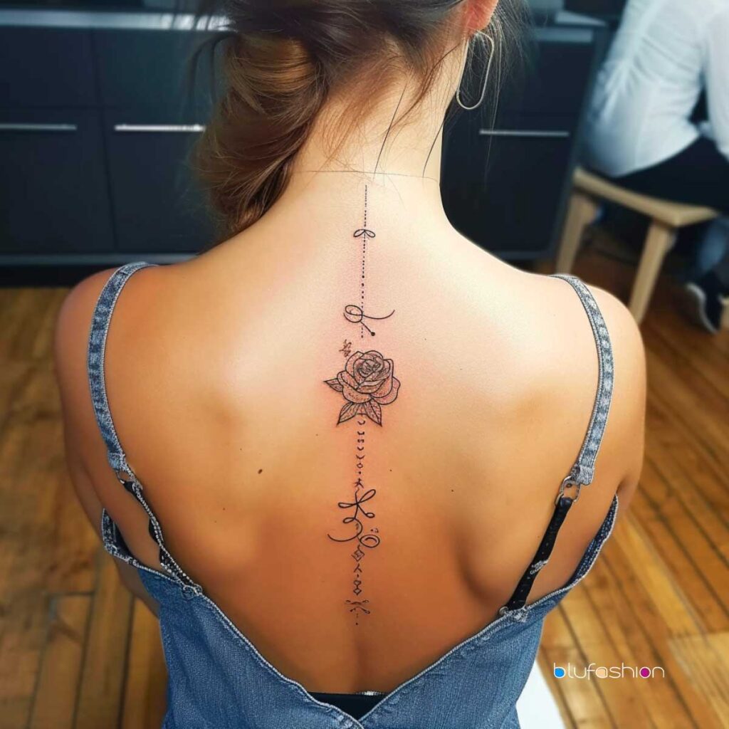 Delicate lotus and rose spine tattoo with flowing script, a symbol of beauty and strength with a personal touch of elegance.