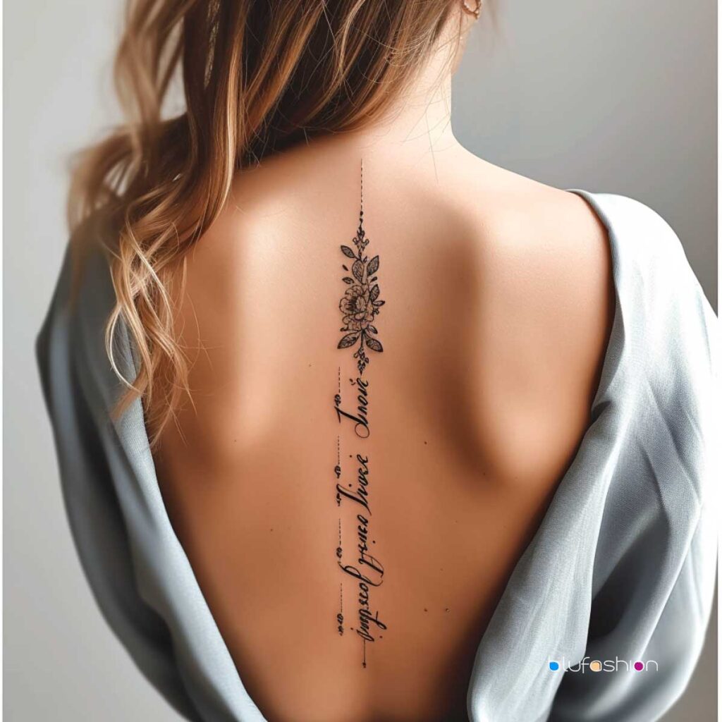 Elegant and minimalist floral spine tattoo with inspirational script, showcasing personal significance and artistic expression.