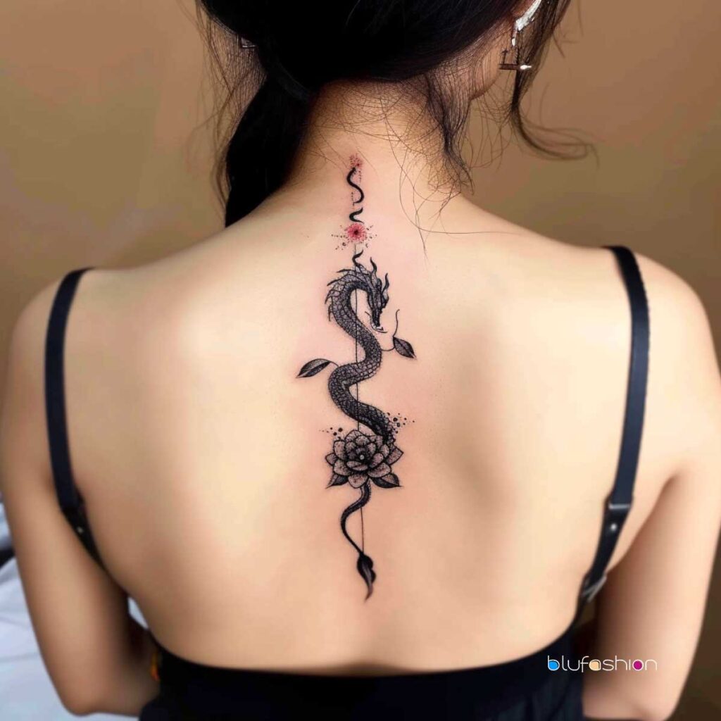 Intricate black ink snake and flower spine tattoo on a woman in a black tank top, a mix of edge and elegance.