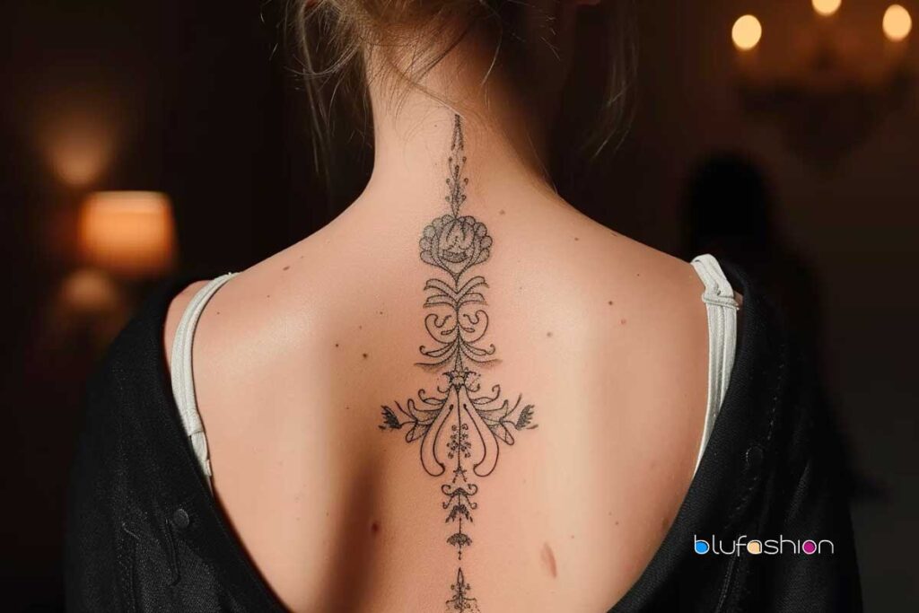 Elegant floral spine tattoo design extending down the back, set against a warm, ambient background.