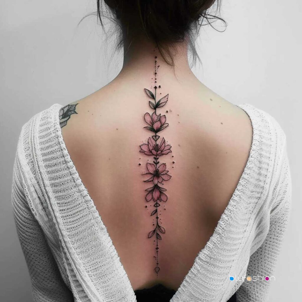 Delicate floral spine tattoo with subtle pink shading on a woman's back, showcased in a white open-back top.