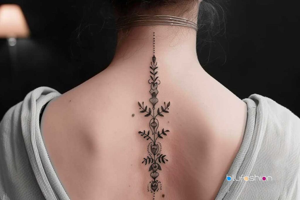 Intricate blackwork spine tattoo with ornamental design on a woman's back, against a soft grey backdrop.