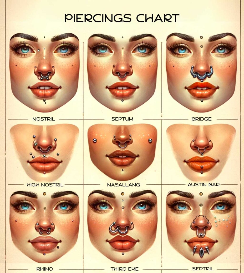 Nose Piercings Chart: Guide to various nose piercings styles on illustrated faces.