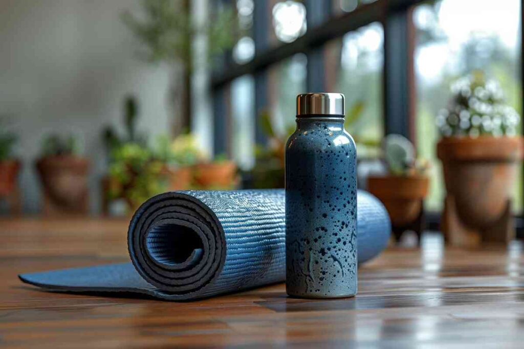 Rolled yoga mat, clean towel, and reusable water bottle for a yoga class