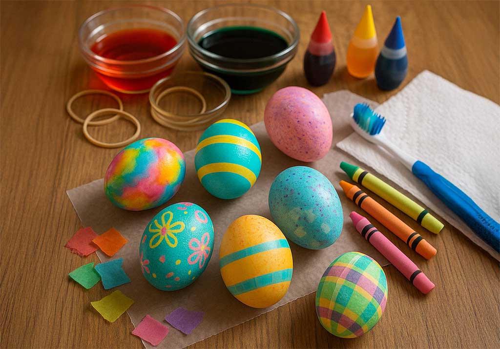 Colorful Easter eggs with tie-dye, stripes, plaid, and more designs.