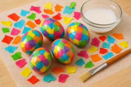 Colorful decoupaged Easter eggs with tissue paper and craft tools.