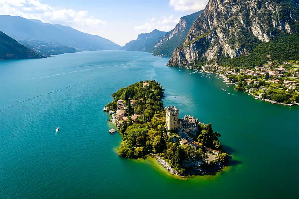 Loreto Island with castle on Lake Iseo, Italy.