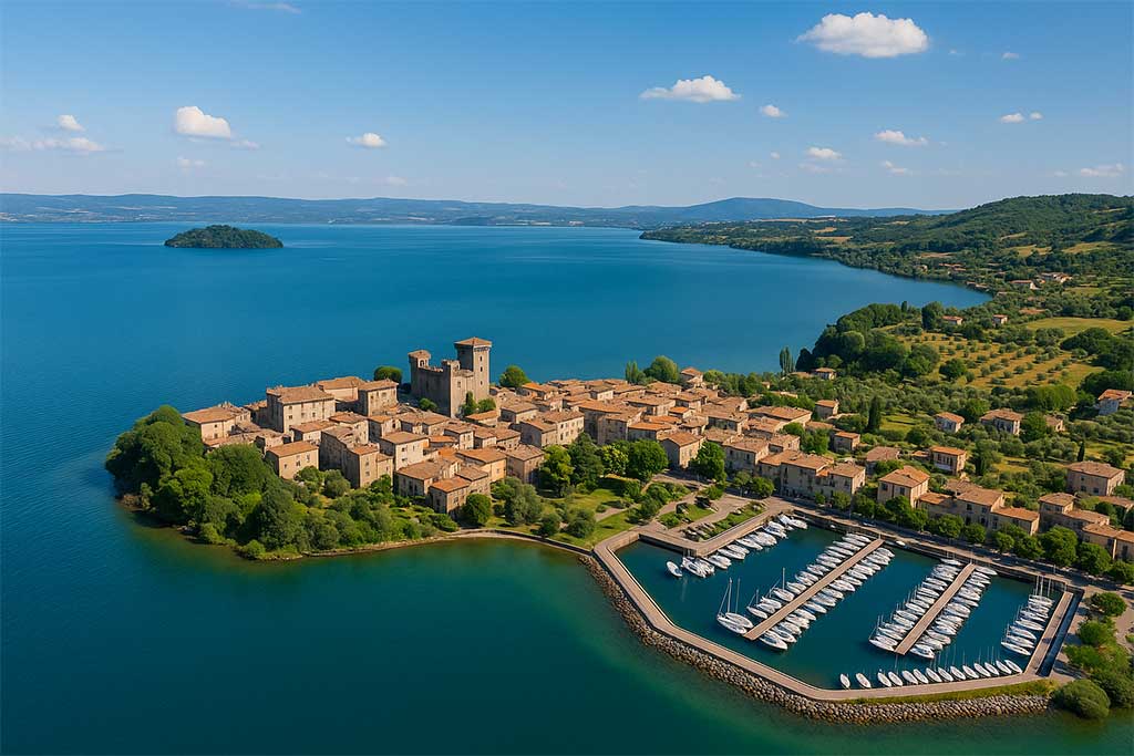 Aerial of Bolsena town, castle, marina, and deep-blue lake.