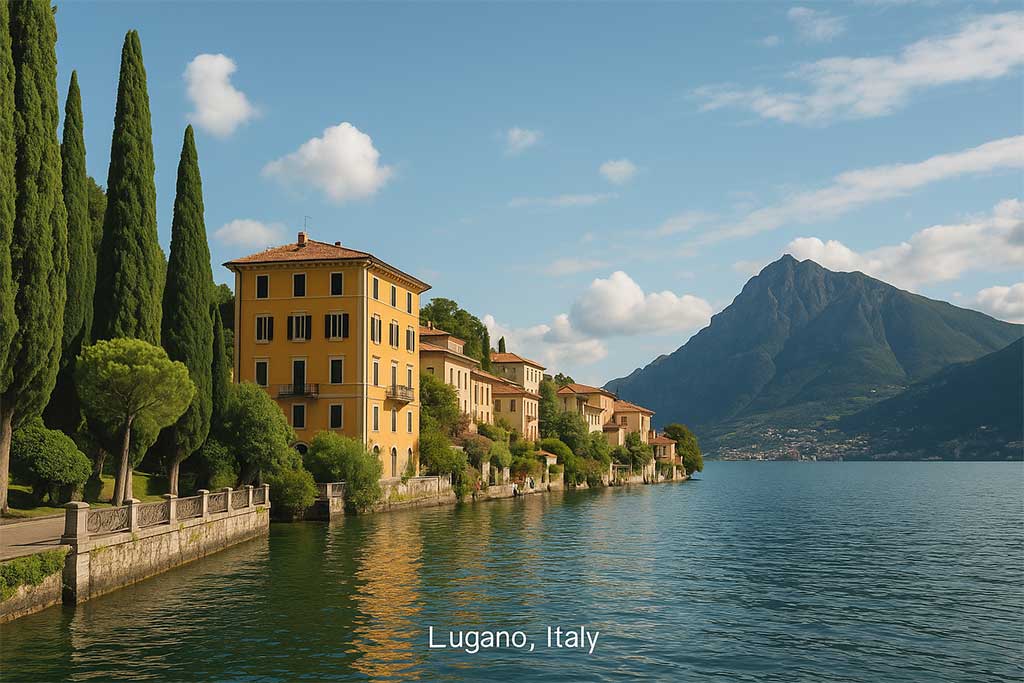 Peaceful Lake Lugano shoreline with colorful houses and mountains