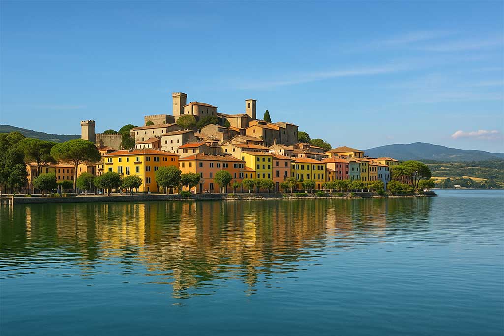 Colorful lakeside town reflecting in Lake Trasimeno's calm water.