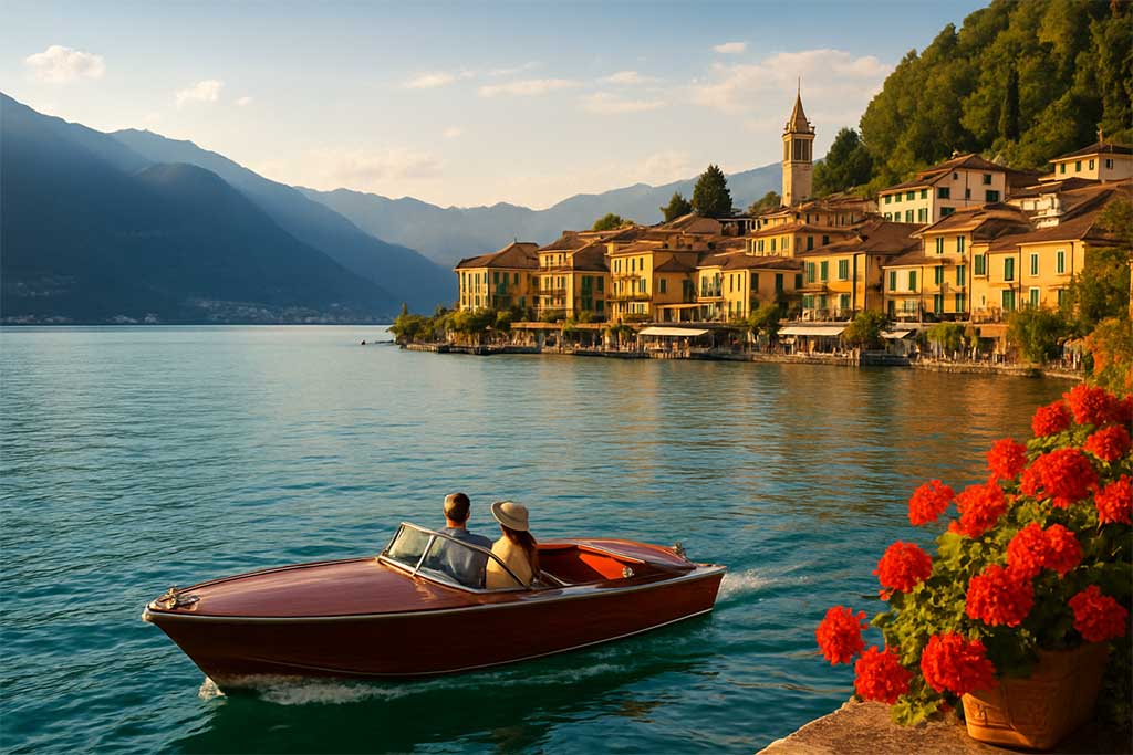 Couple cruising a classic wooden boat past a colorful lakeside village on Lake Como at golden hour.