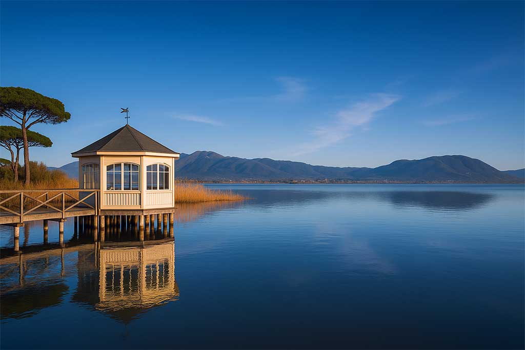 Gazebo reflection on calm Lake Massaciuccoli, Tuscany.