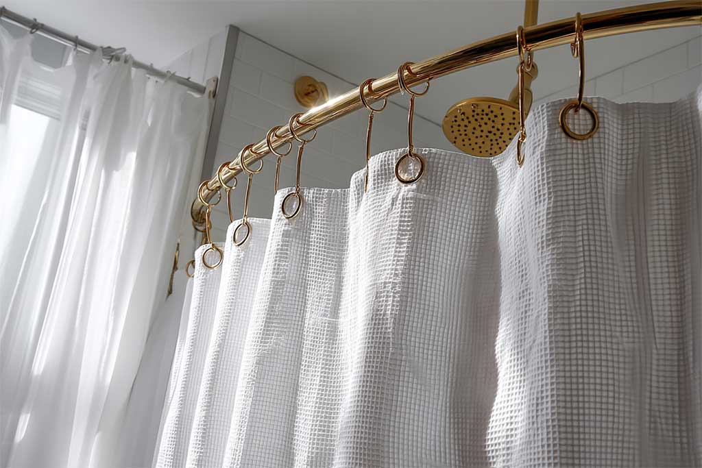Waffle-Weave White Shower Curtain + Gold Hooks