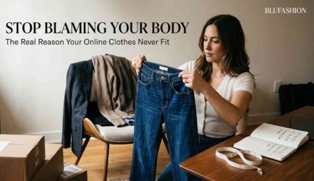 Woman checking the fit of blue jeans with a measuring tape and return boxes on the table.