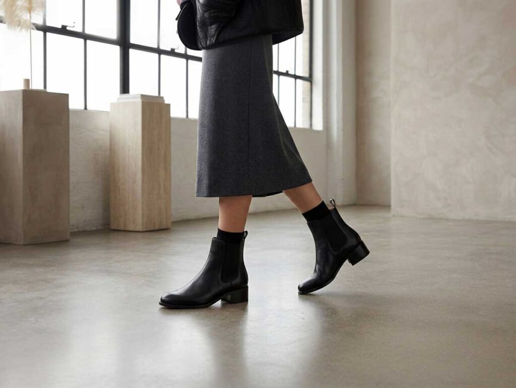 Ankle boots worn with jeans or a midi skirt showing ankle-height shaft and clean silhouette