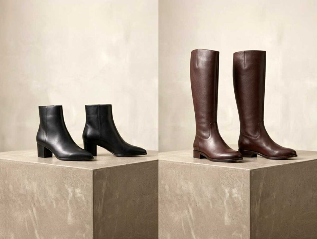 Side-by-side comparison of ankle boots and knee-high boots showing the difference in shaft height