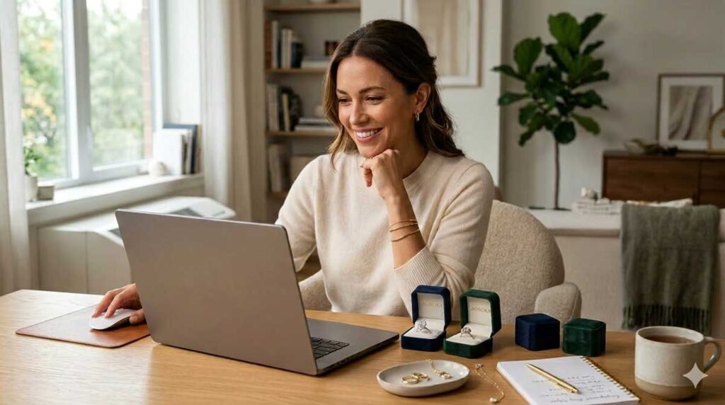 Woman comparing engagement rings online on a laptop with ring boxes and diamond jewelry on a table