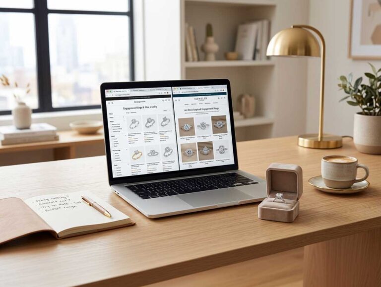 Blue Nile: Laptop displaying engagement ring shopping pages beside a notebook and diamond ring on a desk