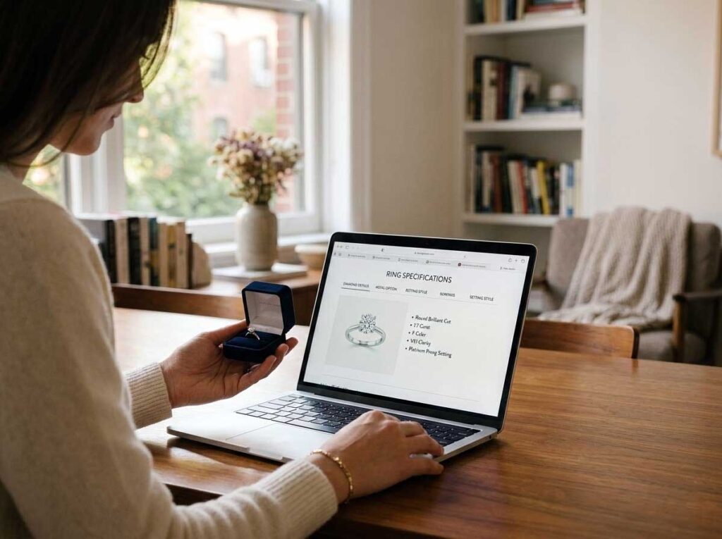 Person holding an engagement ring box while reviewing ring details online in a softly lit room