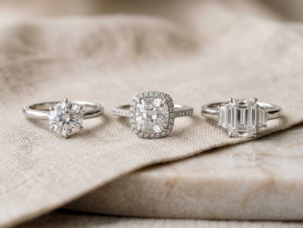 Three engagement rings with different diamond cuts and settings arranged for comparison