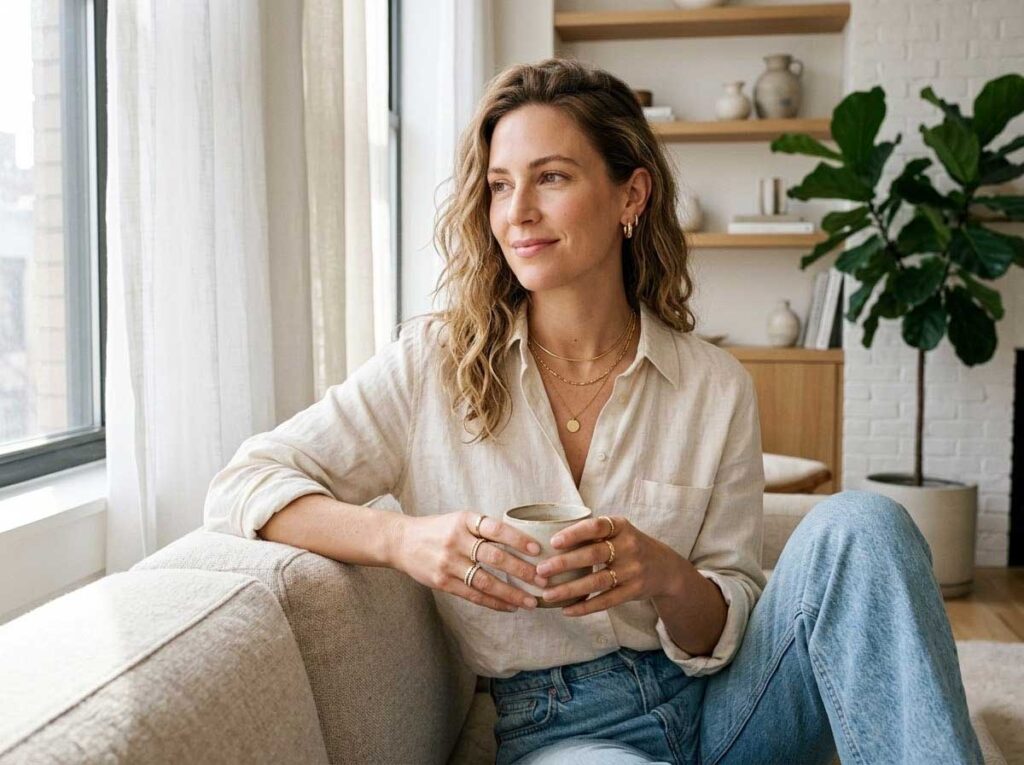Woman wearing layered gold jewelry and small hoop earrings in a bright modern setting