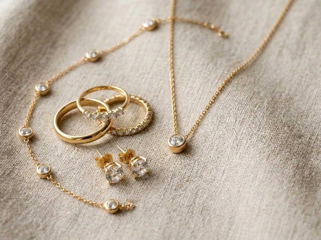 Gold rings, diamond earrings, and fine jewelry pieces arranged on a neutral surface for comparison