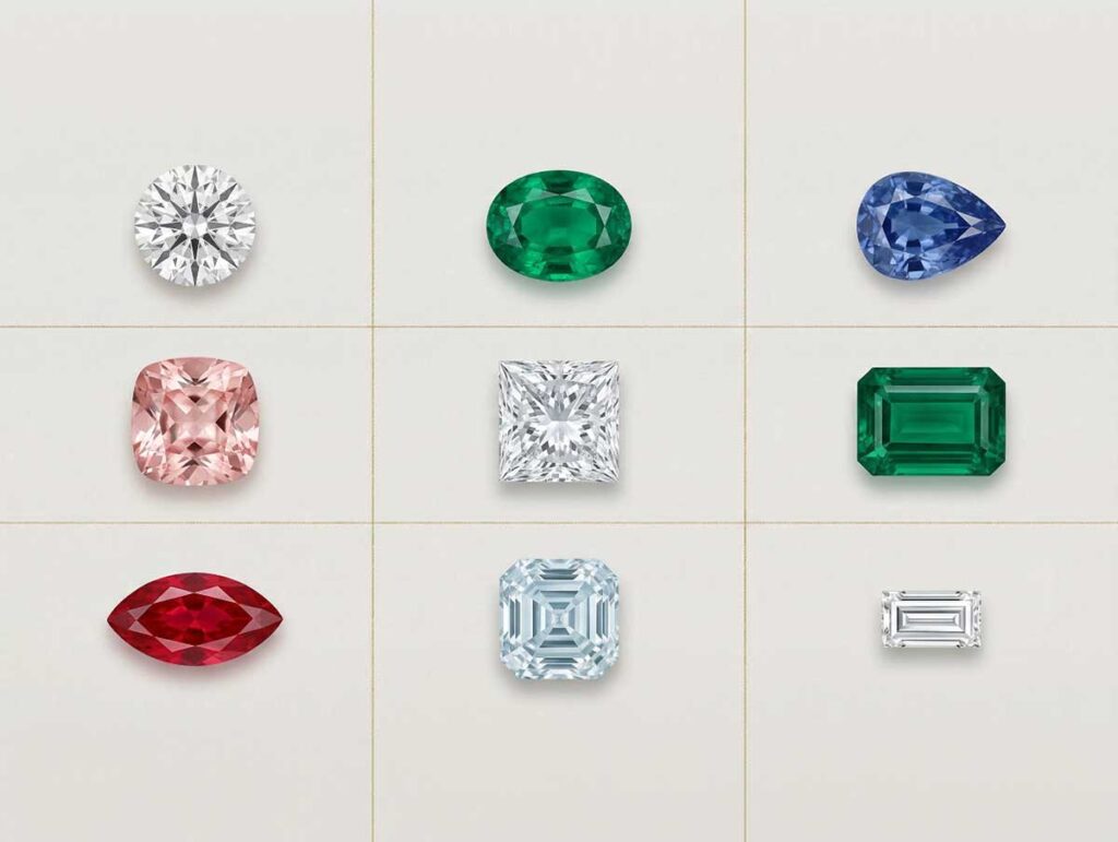 Diamond and gemstone shape chart showing round, oval, pear, cushion, princess, emerald, and marquise cuts