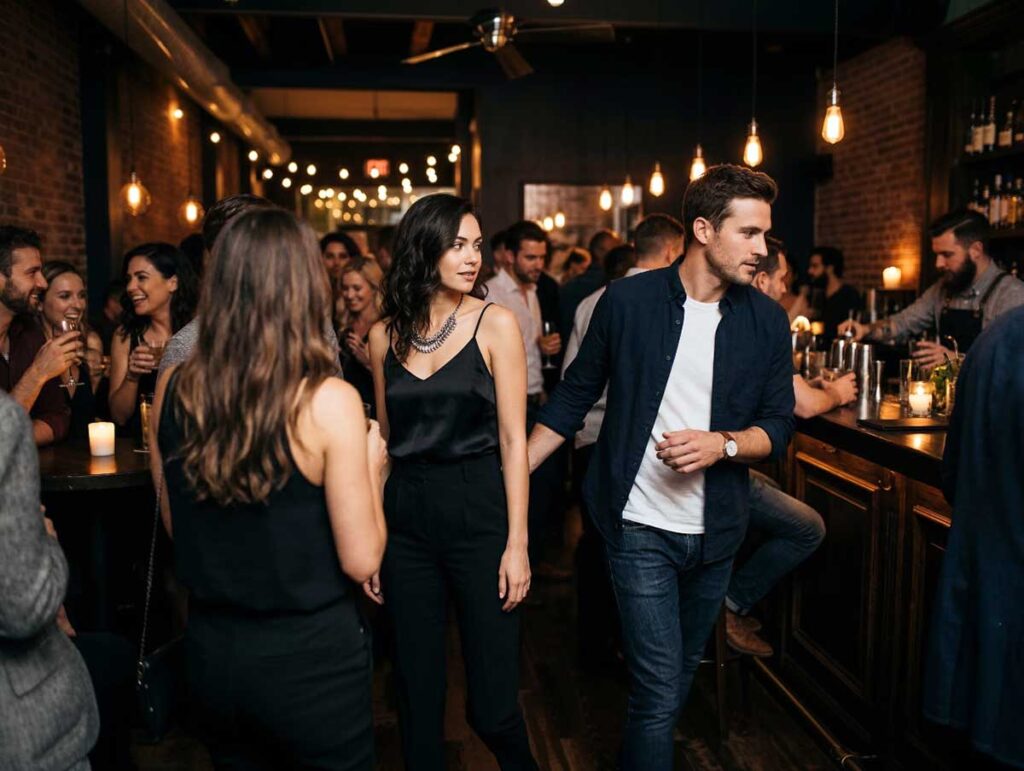 Man lightly touching a woman’s waist from behind while moving past her in a crowded bar