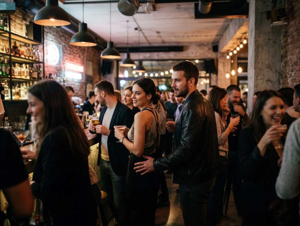 Man lightly guiding a woman by touching her lower back in a crowded social setting