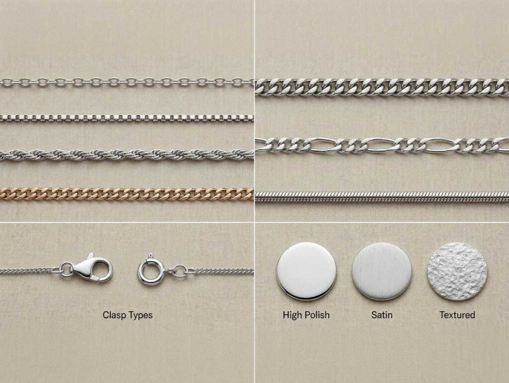 Jewelry chain styles and clasp types including cable, rope, figaro, snake, lobster clasp, and spring ring clasp