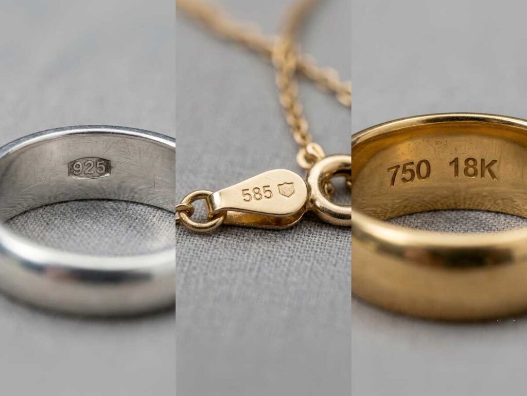 Close-up of jewelry hallmarks and metal purity stamps including 925, 585, and 750 inside rings and clasps