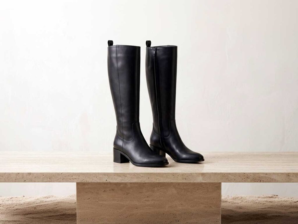 Knee-high boots with a tall shaft and sleek structured silhouette