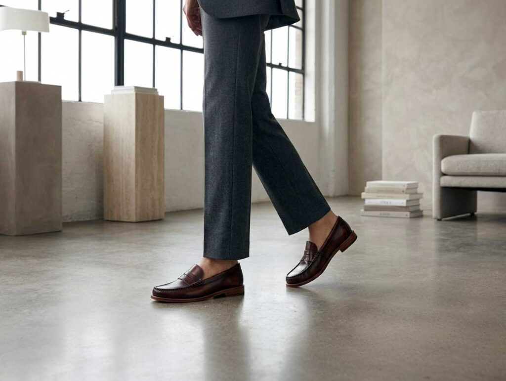 Structured loafers worn with straight-leg trousers in a modern editorial outfit