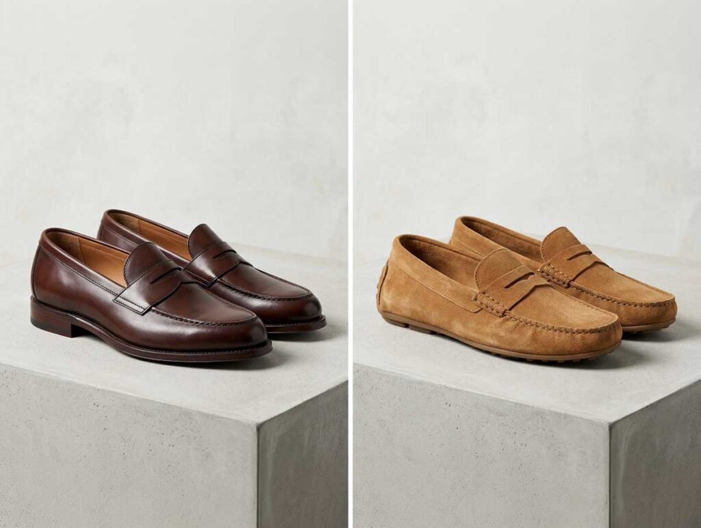 Side-by-side comparison of loafers and moccasins showing structured loafers and softer stitched moccasins