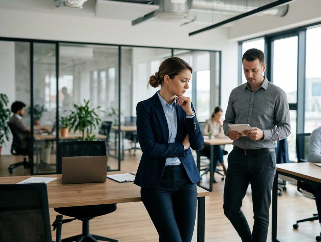 Woman in a workplace reflecting after an uncomfortable lower back touch