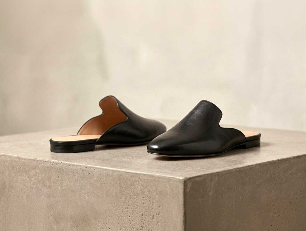 Backless mule shoes with a closed front and slip-on design