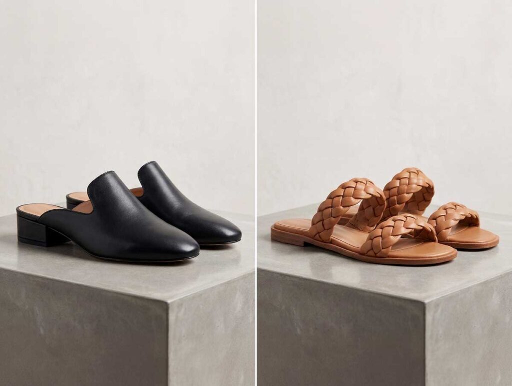 Side-by-side comparison of mules and slides showing a closed-front mule and an open-toe slide