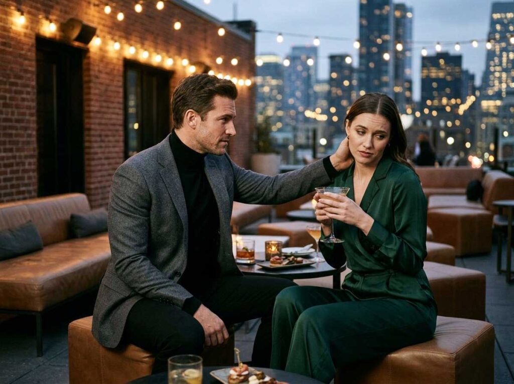 Couple in a public setting showing tense body language during a neck touch